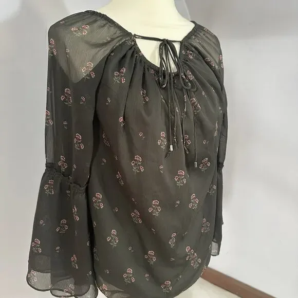 WHBM Whimsigoth Top Sheer Floral Bell Sleeve Peasant Boho Fairy Goth Vamp Green - Picture 5 of 11